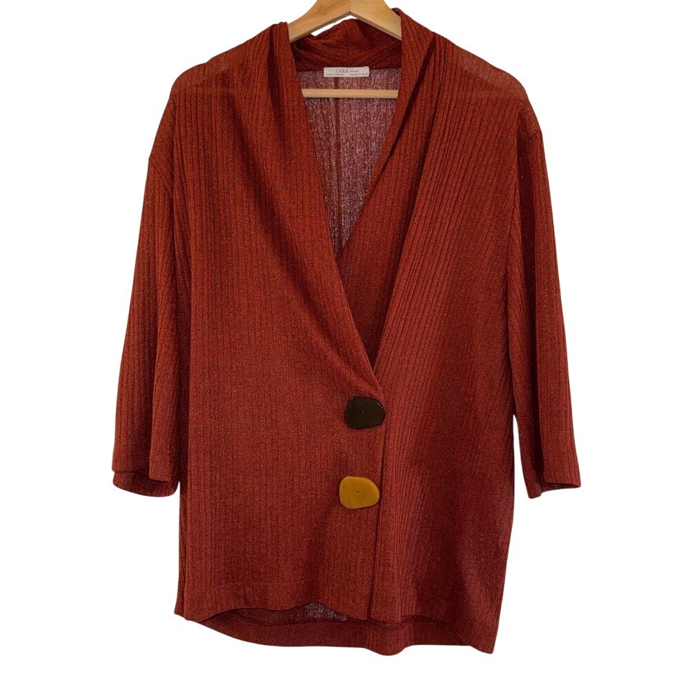 Zara Woman Size M Rust Ribbed Knit Open Front Cardigan Sweater Large Buttons